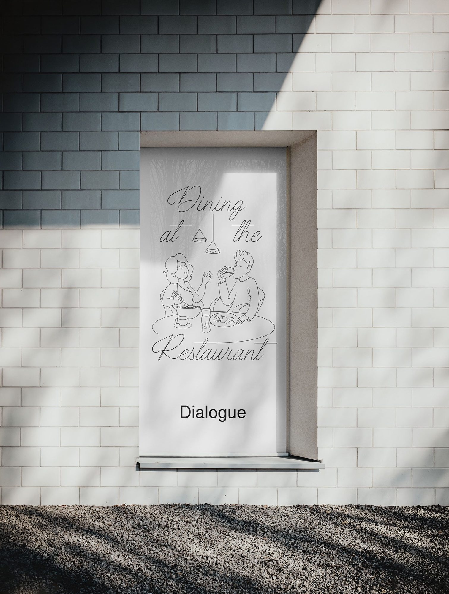 A framed Dialogue poster on a sunlit wall