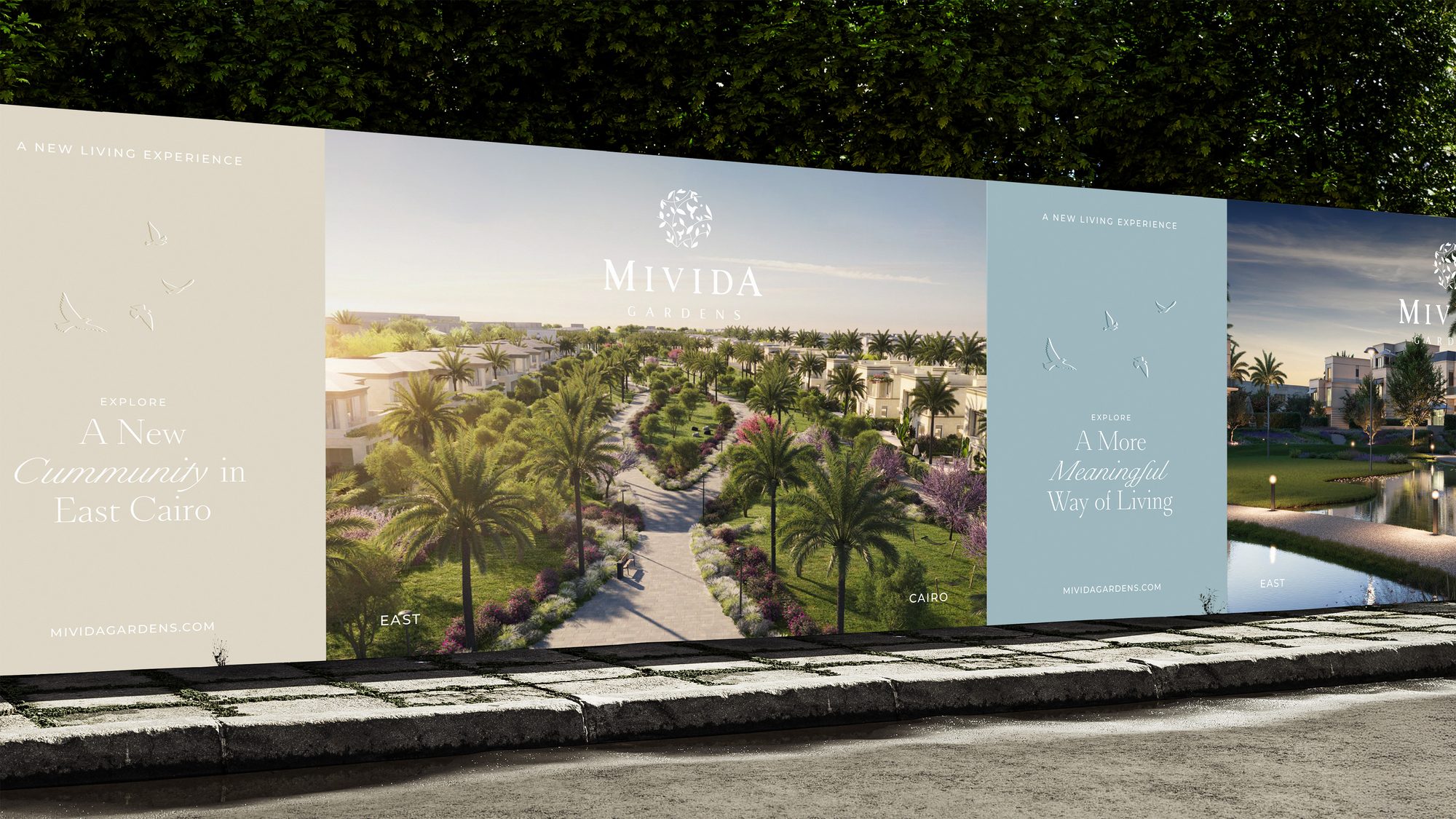 Mivida Gardens hoardings — “A new community in East Cairo · A more meaningful way of living”