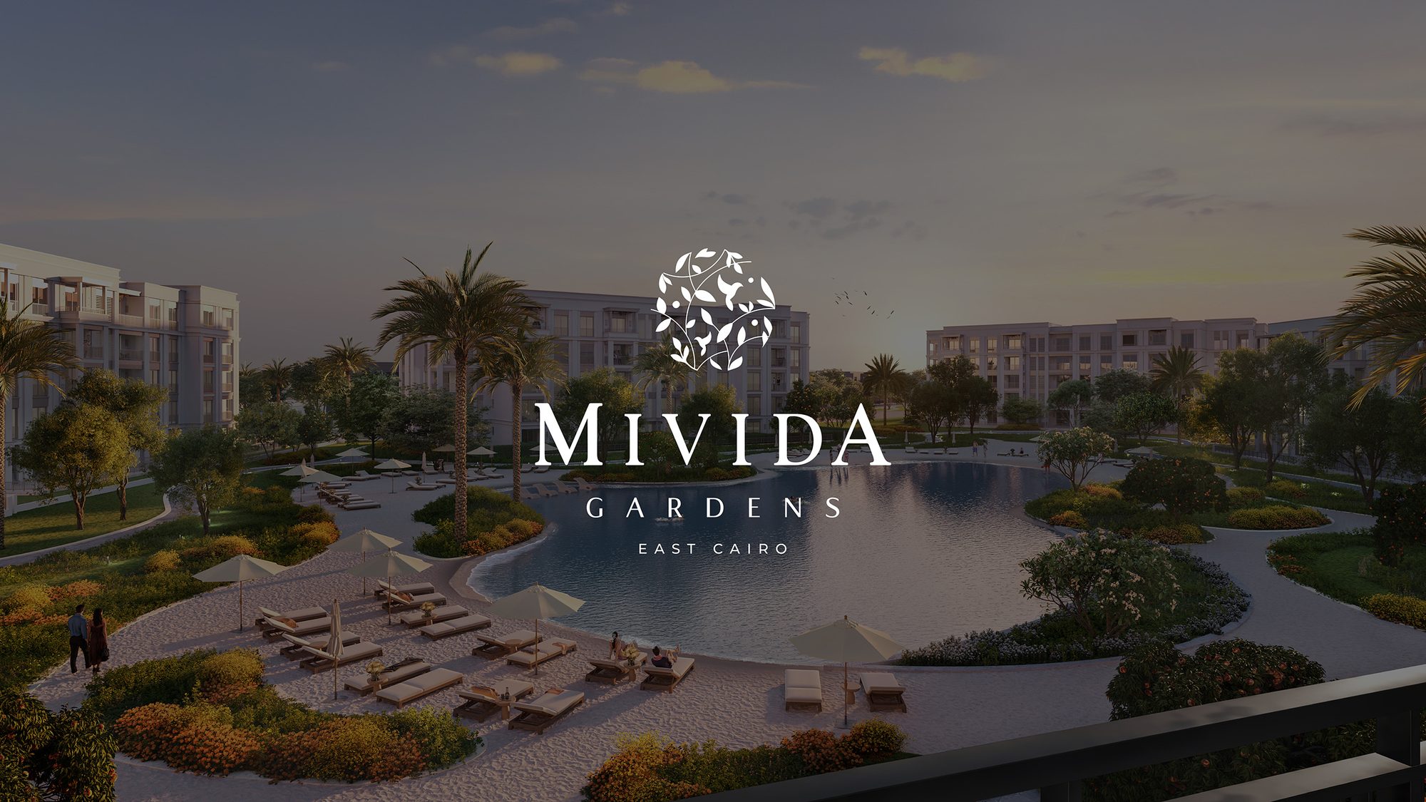 Mivida Gardens — the lagoon at dusk, East Cairo