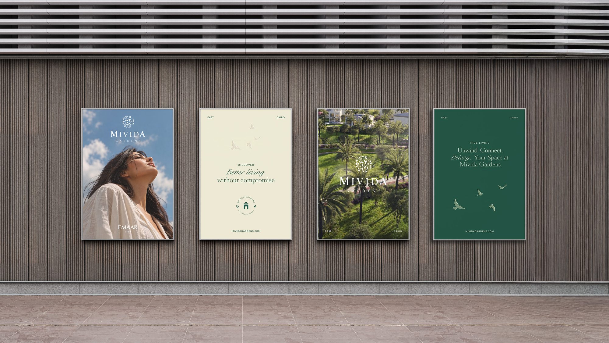 Mivida Gardens posters — “Better living without compromise · Unwind. Connect. Belong.”