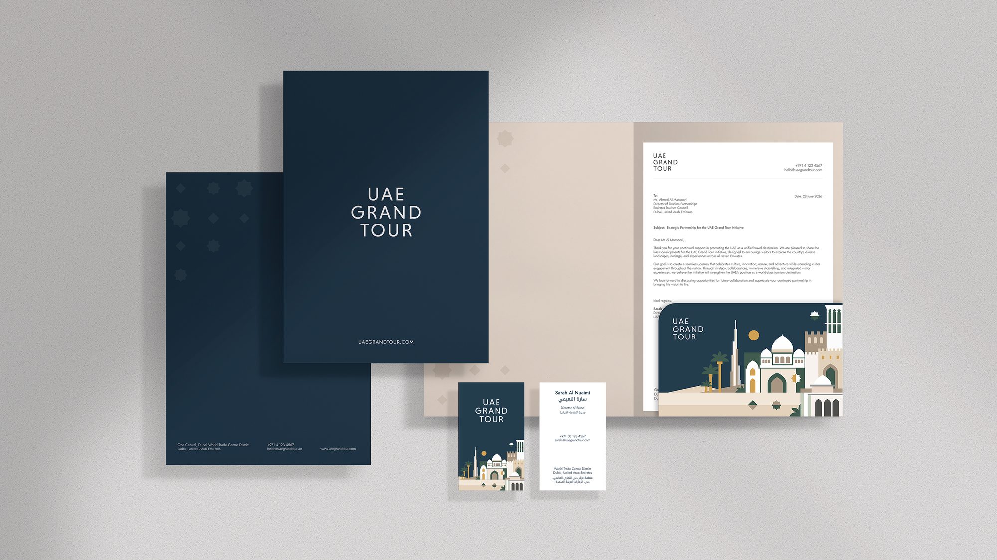 The UAE Grand Tour stationery, folder and business-card system