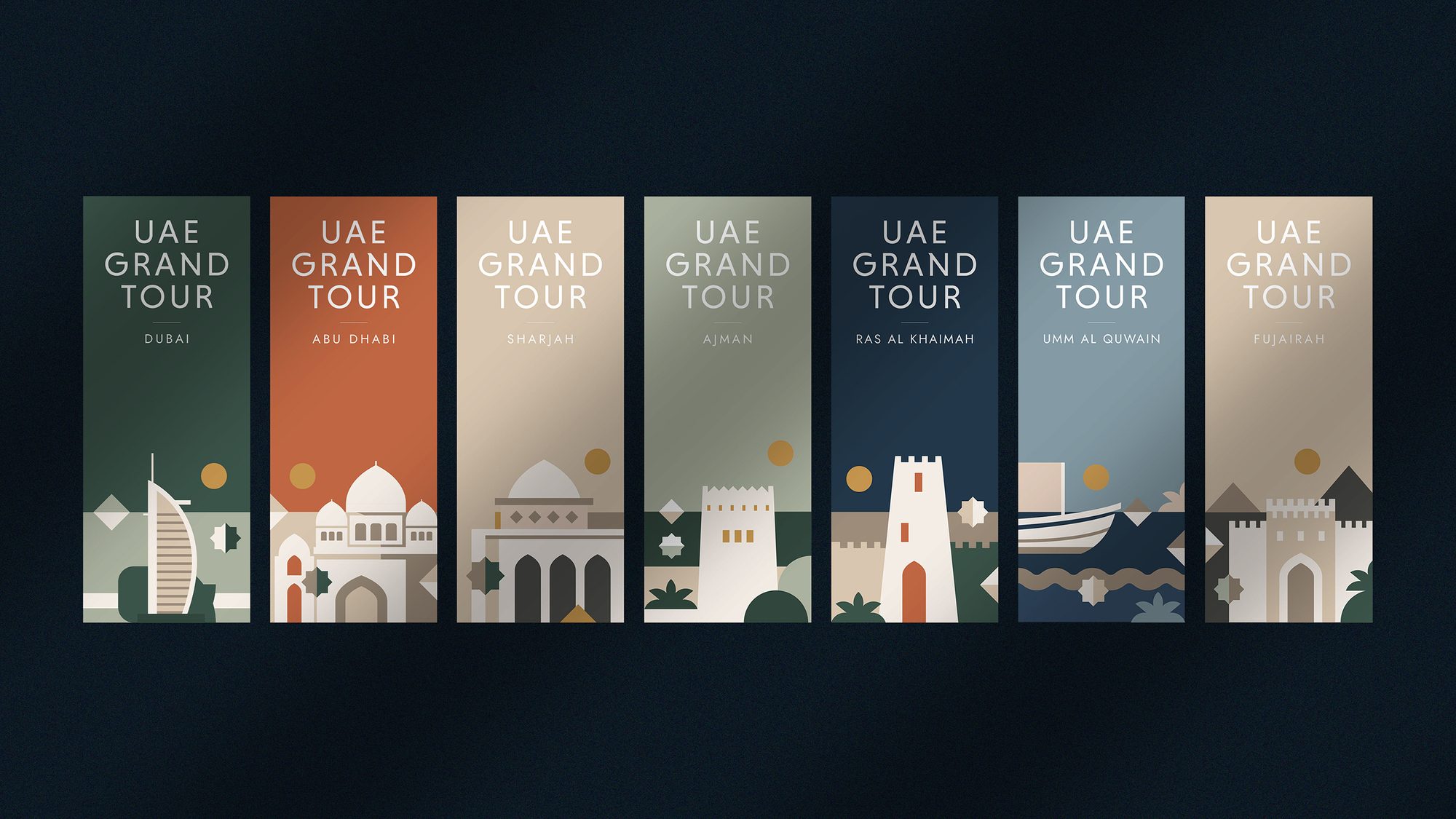 Illustrated posters for the seven Emirates: Dubai, Abu Dhabi, Sharjah, Ajman, Ras Al Khaimah, Umm Al Quwain and Fujairah